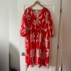 H&M Red and White Tropical Midi Dress